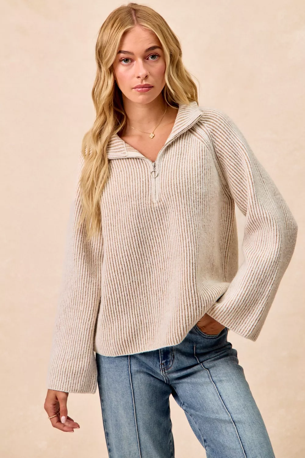 Two Tone Rib Texured Knit Collared Top with Zip Up, image 22