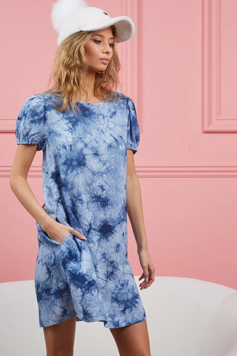 Puff Sleeve With Side Pockets Tie Dye Dress, image 3
