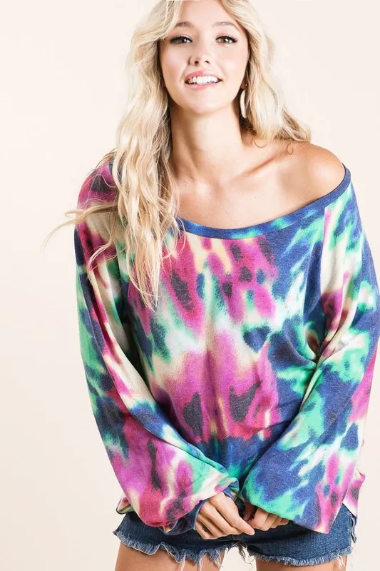 Tie Dye Print Terry Top with Puff Sleeves, image 6
