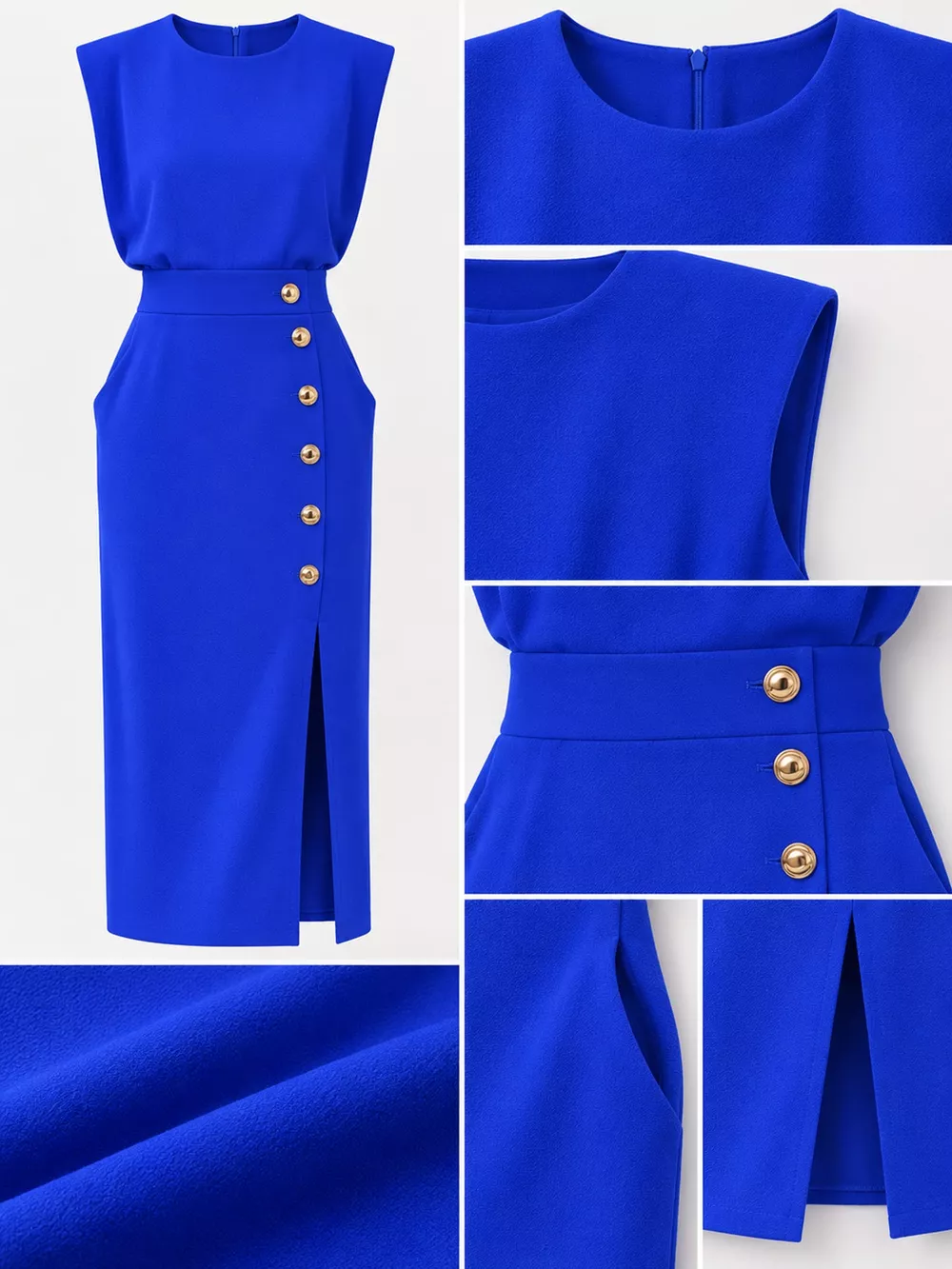 Sleeveless Midi Dress with Gold Button Detail and Side Slit, image 45