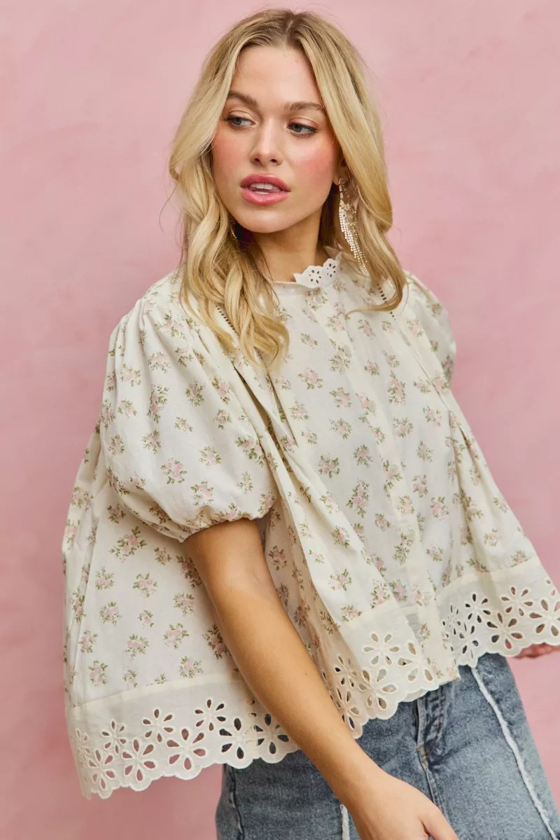 Floral Print Lace Trim Short Sleeves Blouse, image 4