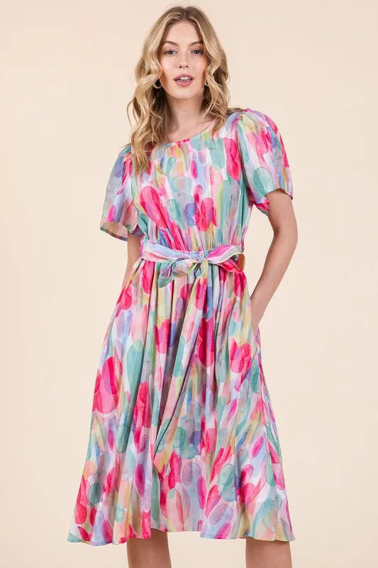Watercolor Print Tie Front Midi Dress