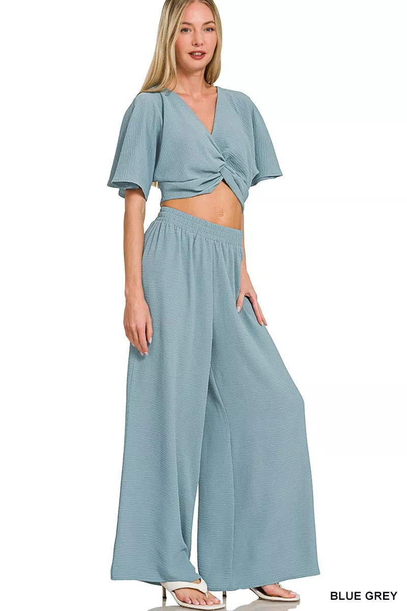 Woven Airflow Twisted Top & Wide Leg Pants Set