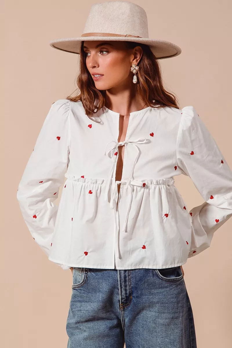 Front Tie Heart Embroidered Blouse With Puff Sleeve, image 8