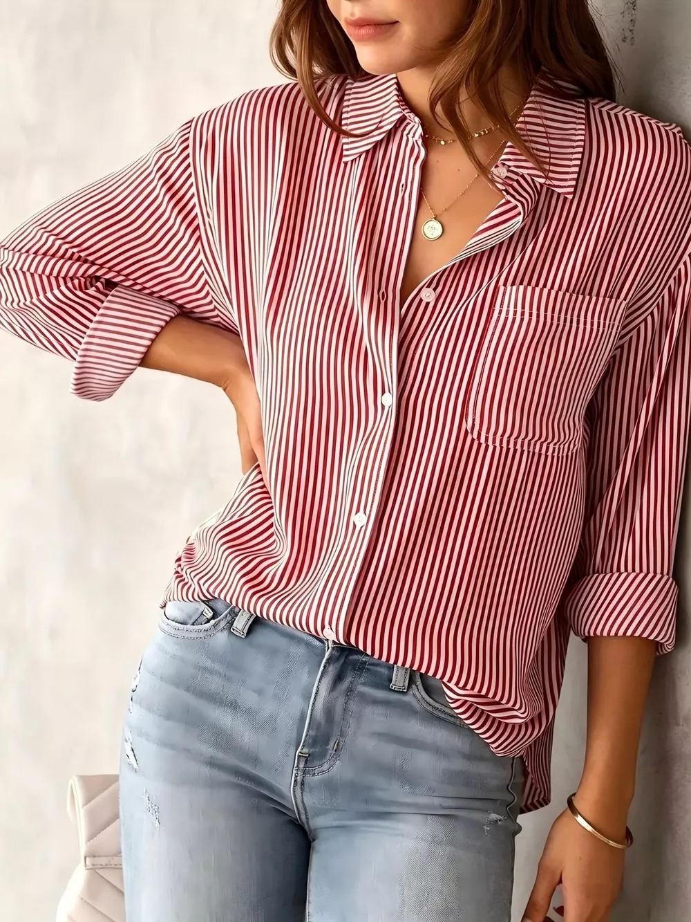 Full Size Striped Button-Down Long Sleeve Shirt Plus Size, image 46
