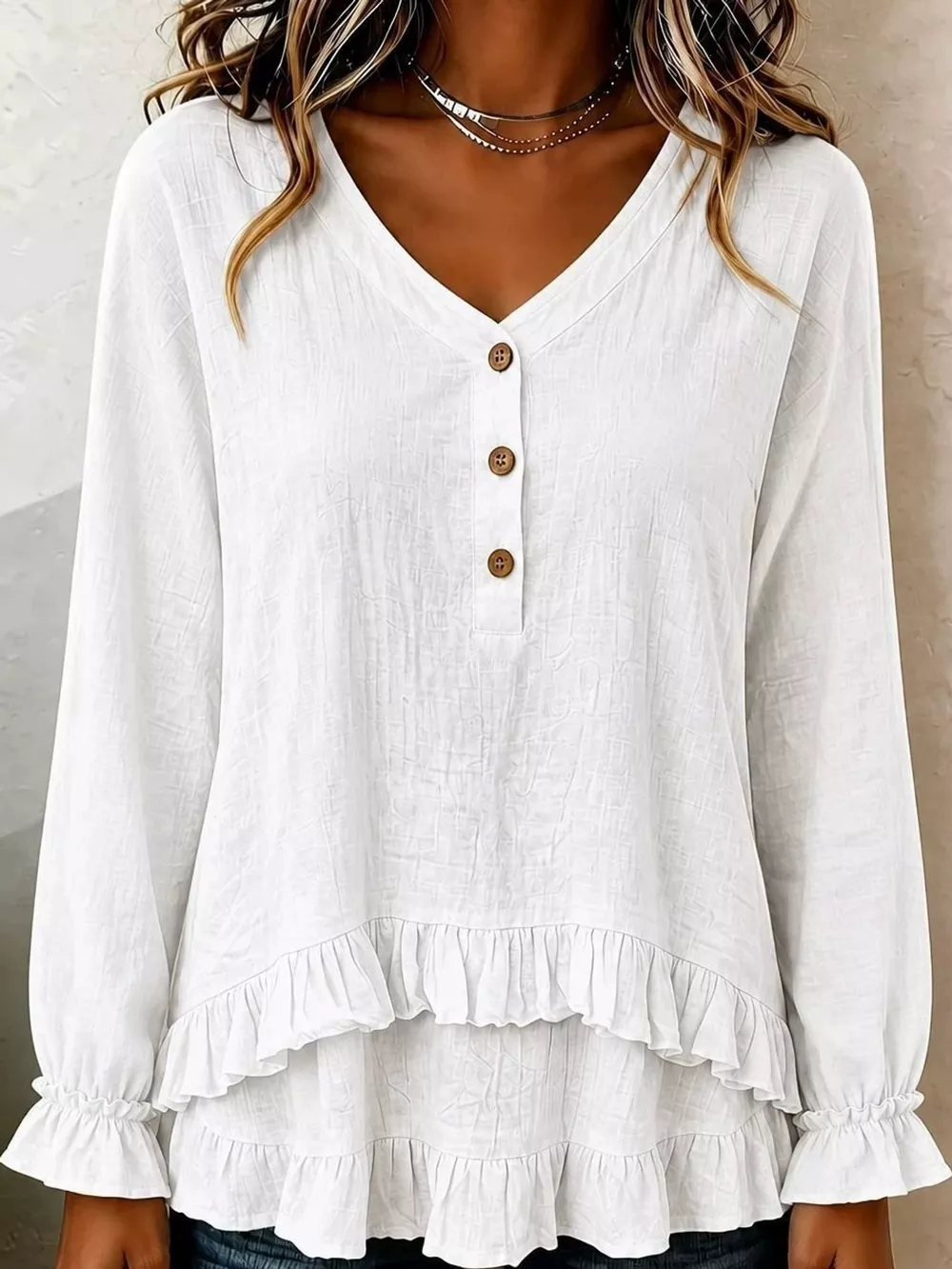 V-Neck Long Sleeve Ruffled Hem Blouse, image 7