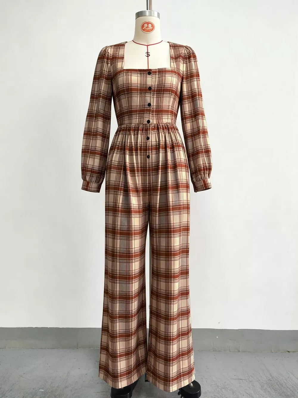 Plaid Square Neck Long Sleeve Wide-Leg Jumpsuit, image 28