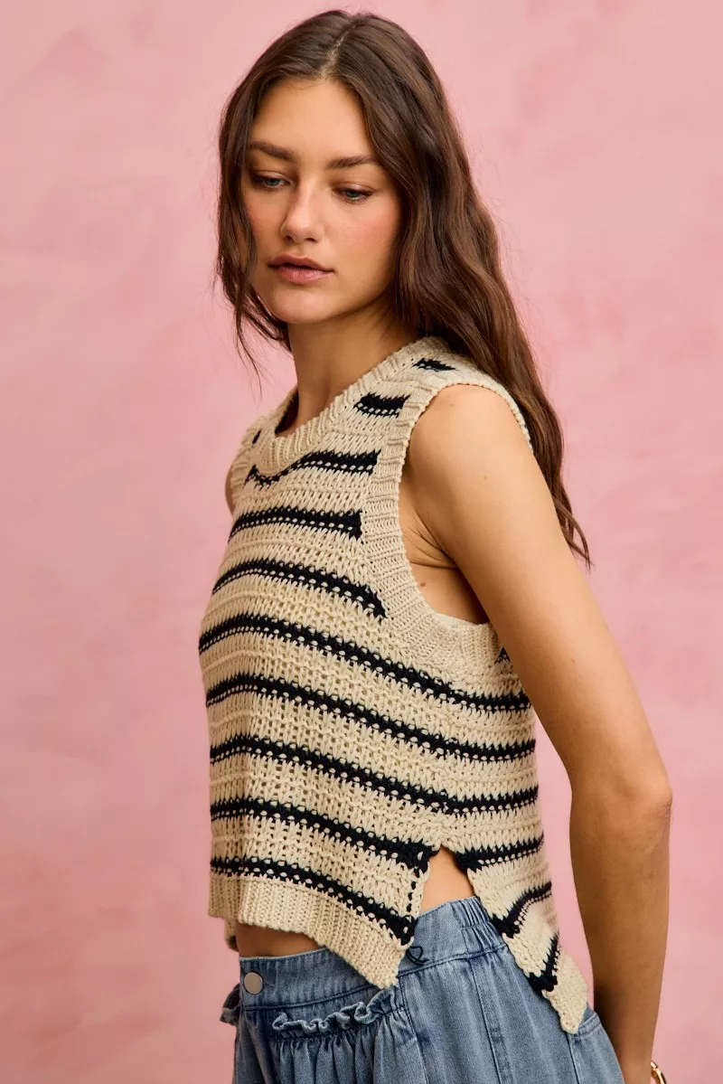 Low Gauge Textured Stripe Sleeveless Sweater Top, image 9