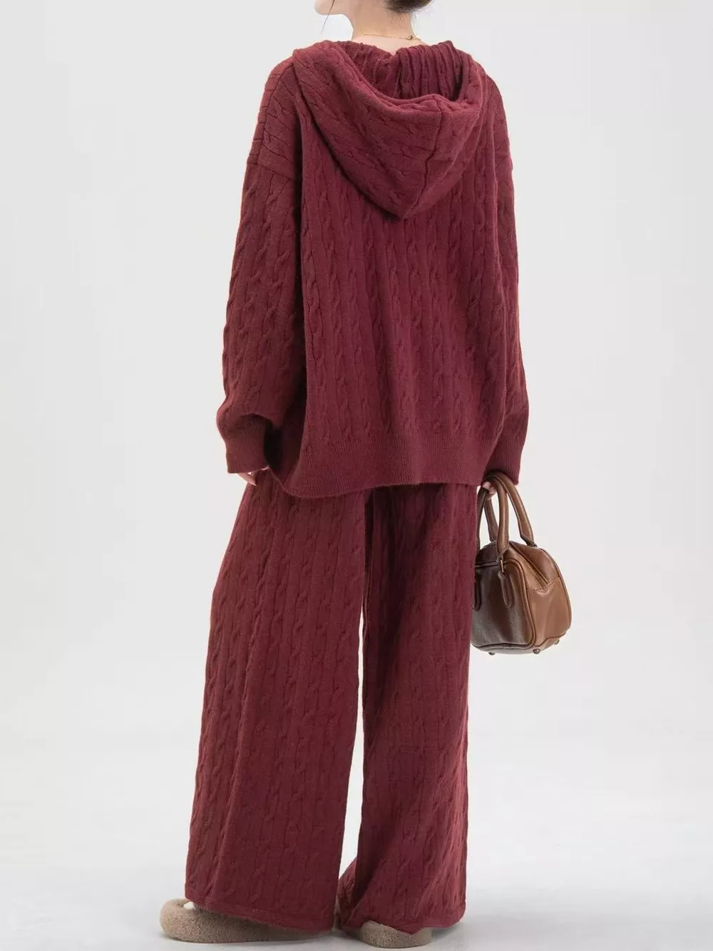 Cable Knit Zip-Up Hooded Cardigan and Wide-Leg Pants Sweater Set, image 25