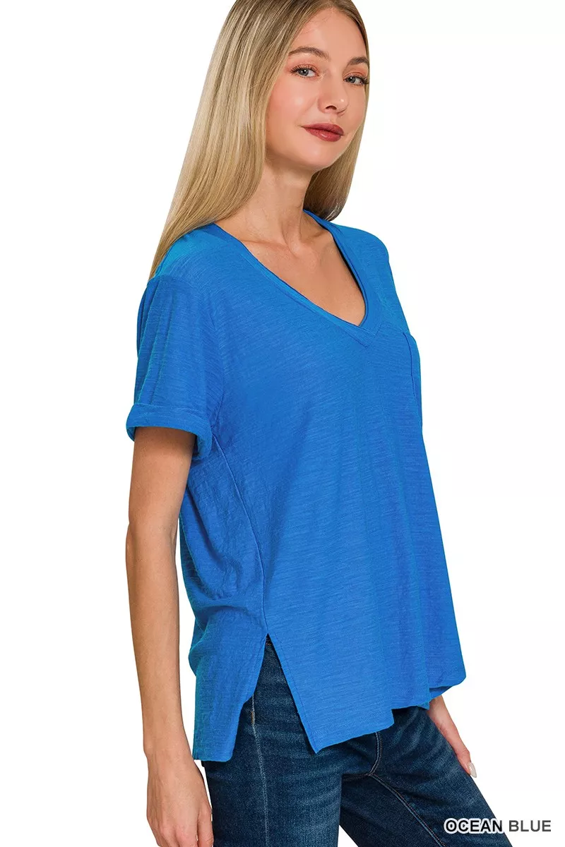 Slub Rolled Short Sleeve V-Neck Tee