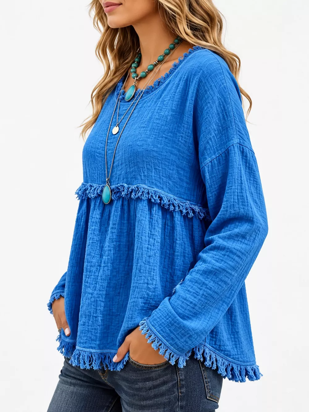 Full Size Frayed Hem Textured Blouse Plus Size, image 28