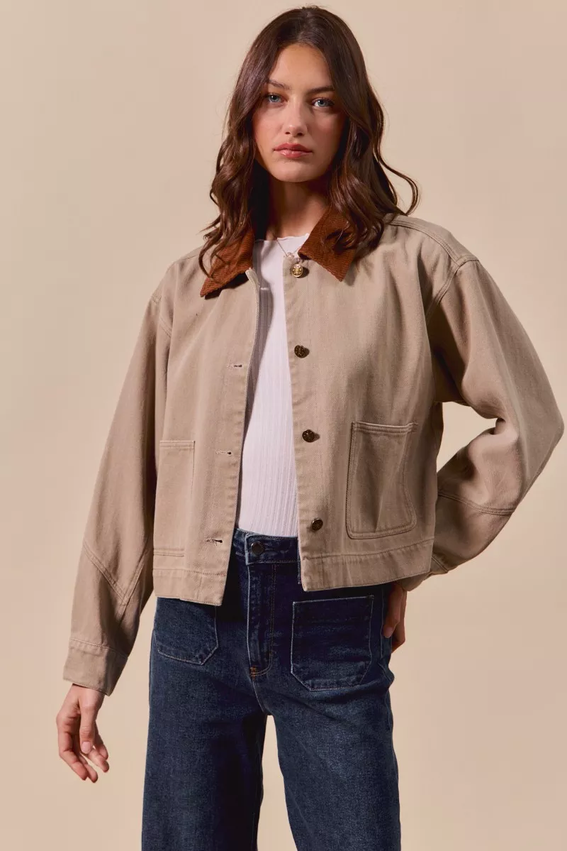 Cotton Twill Cropped Barn Jacket wtih Collar, image 7