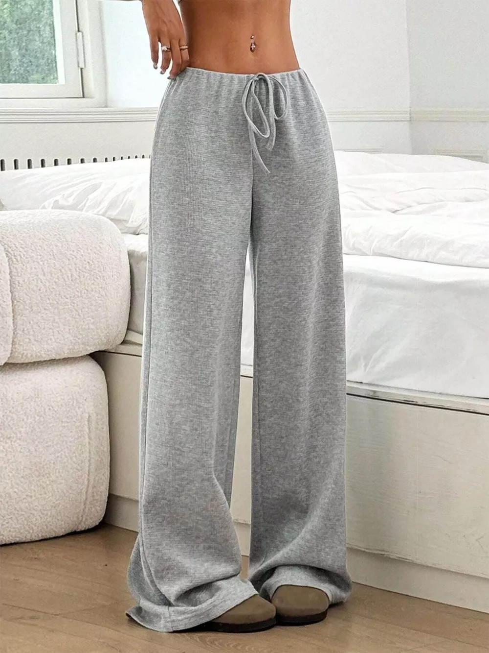 Striped Ribbed Knit Drawstring Waist Wide Leg Pants, image 22
