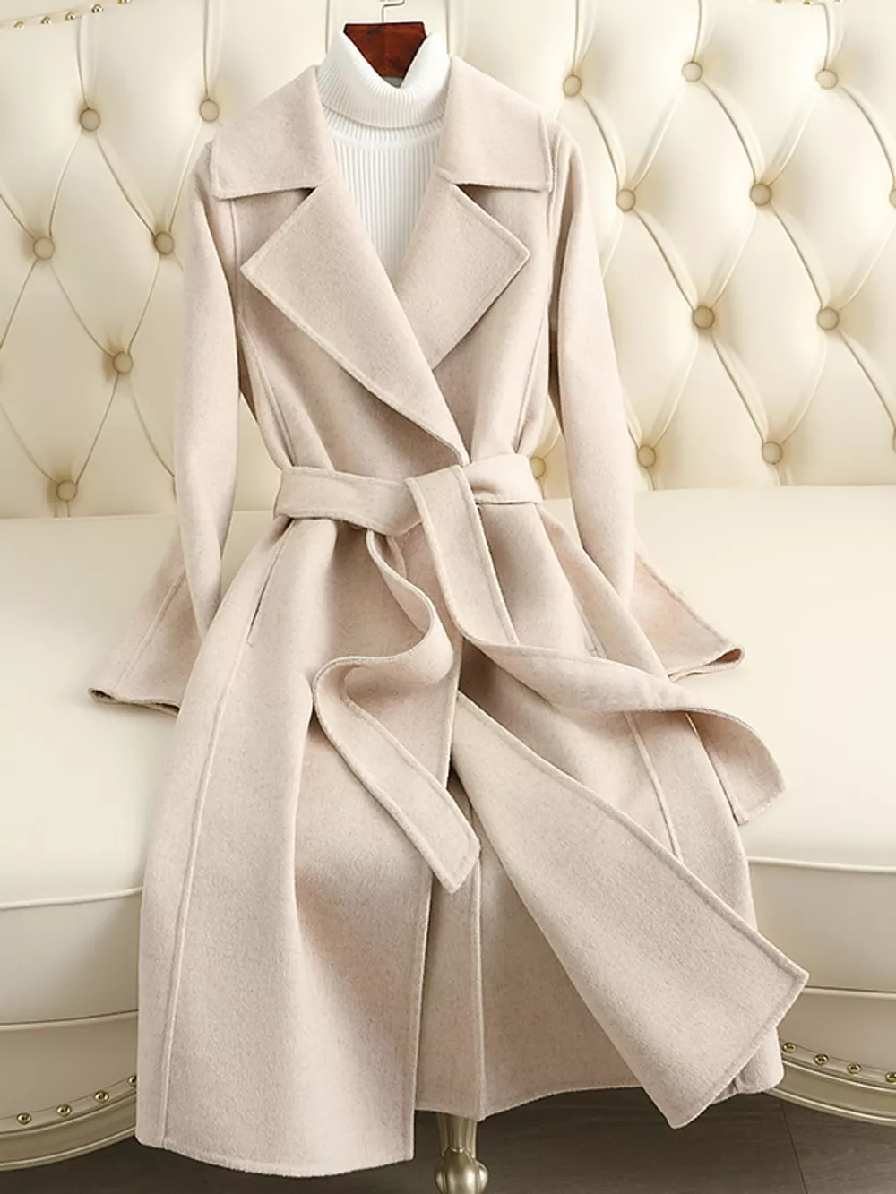 Longline Wool Coat with Waist-Defining Belt, image 20