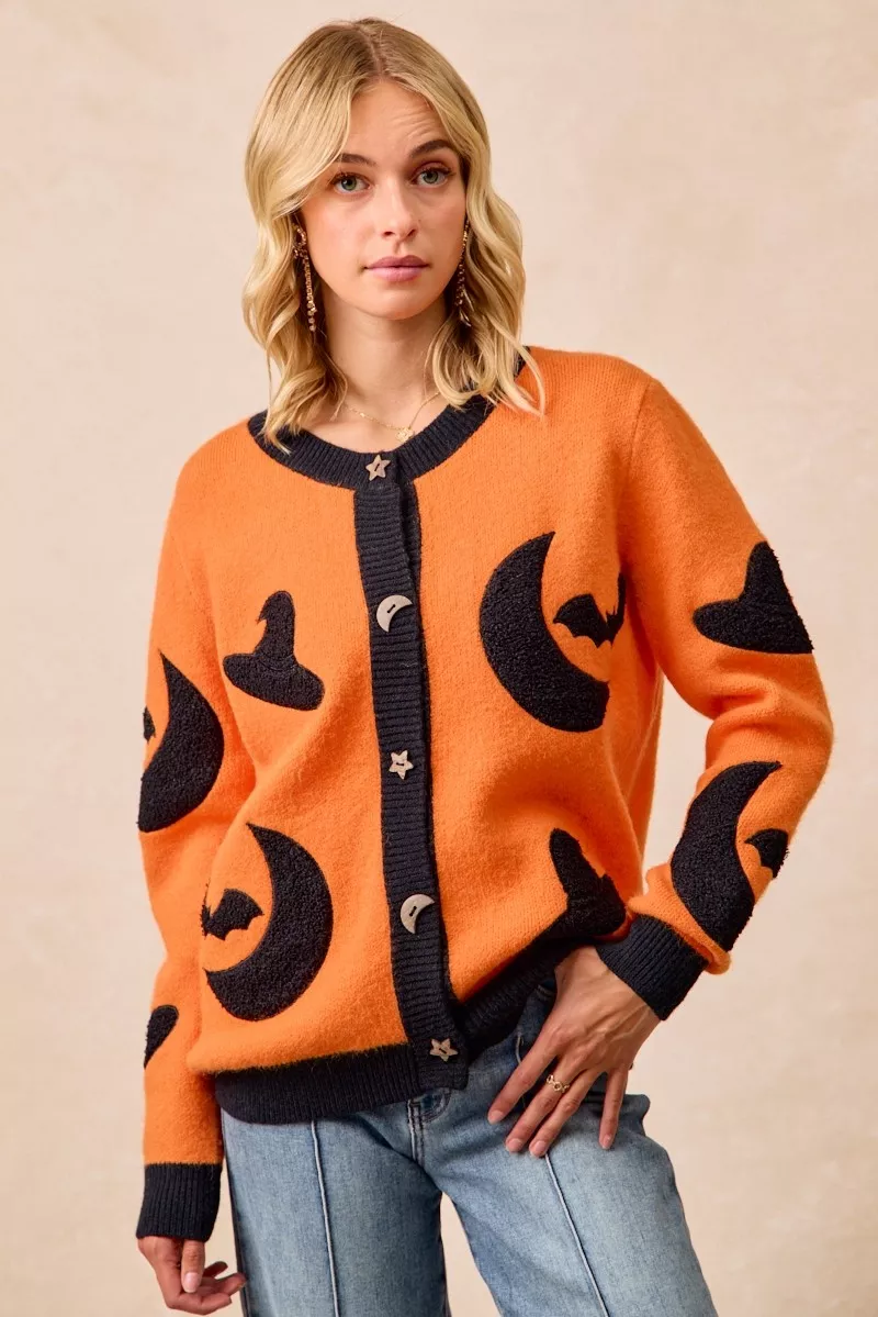 Halloween Witch Hat Moon Bat Artwork Cardigan