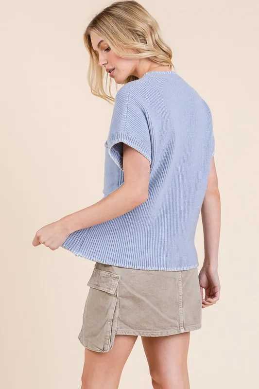 Solid Cap Sleeve Stitch Edge Knit Sweater, image 3