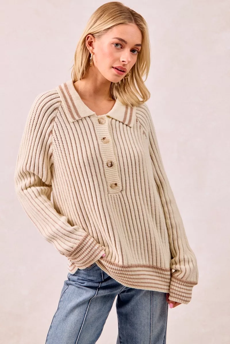 Half Button Ribbed Two Tone Sweater, image 4