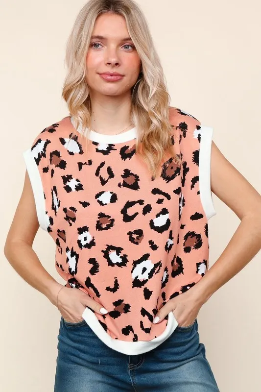 Leopard Print Dolman Cap Sleeve Knit Top