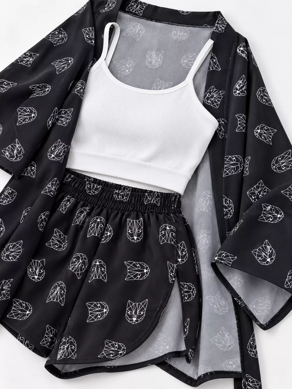 Geometric Cat Print Cardigan and Shorts Lounge Set, image 22