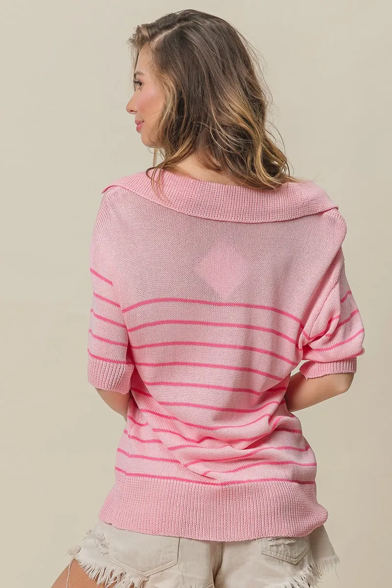 Stripe Short Sleeves Collared V Neck Top, image 11