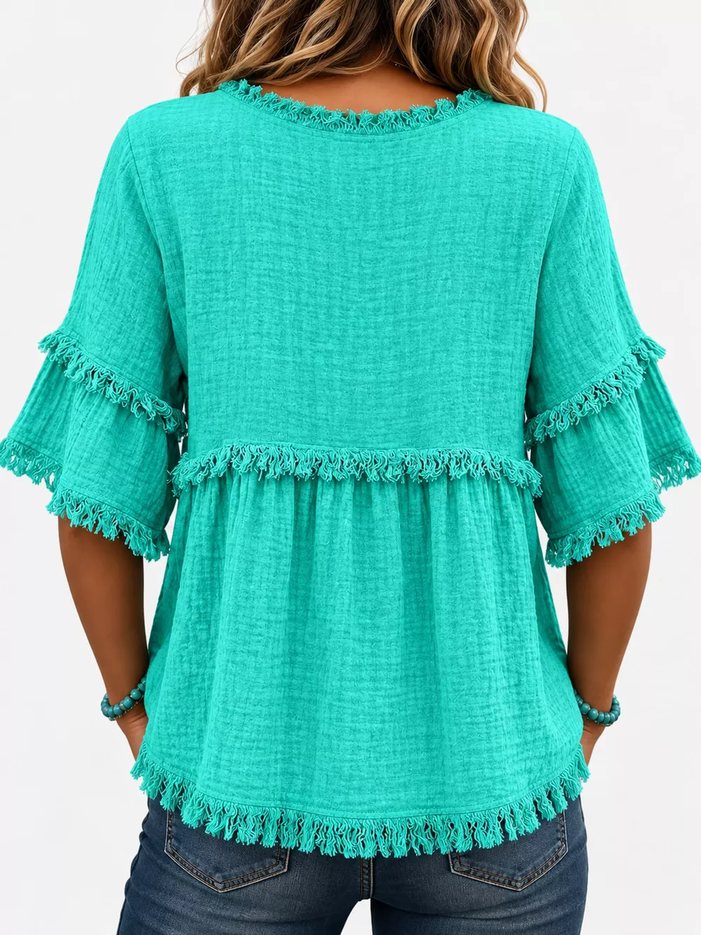 Full Size Frayed Edge Textured Blouse Plus Size, image 19