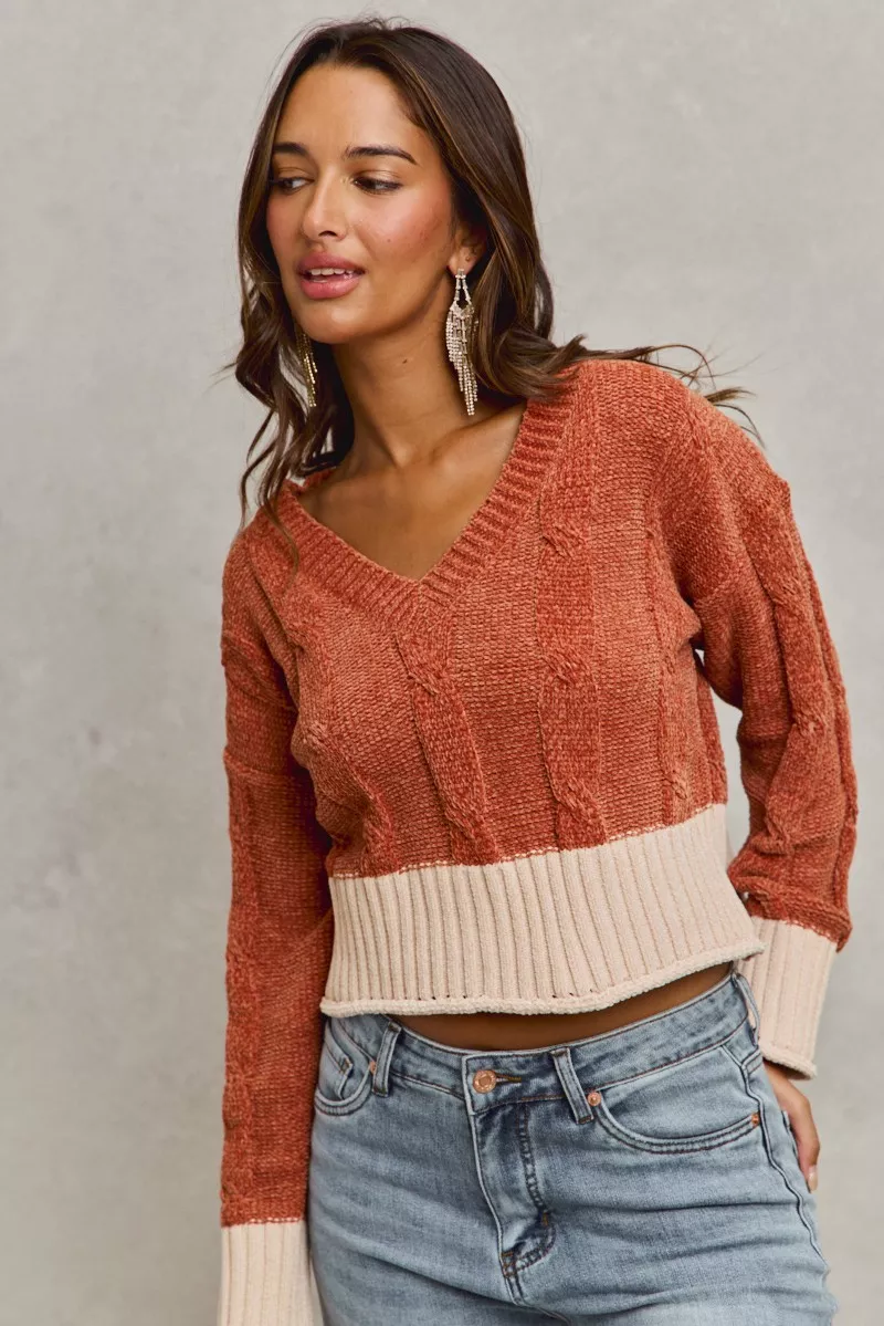 Chenille Cable Knit V Neck Contrast Cropped Sweater, image 5