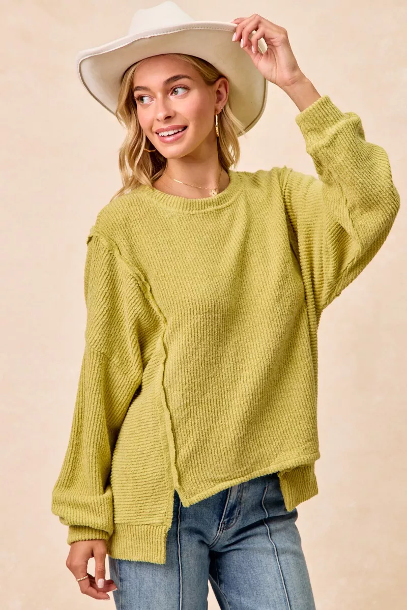Boucle Rib Knit Uneven Hem Sweater With Open Seam, image 9