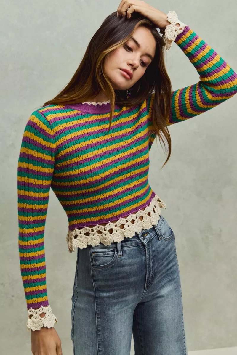 Mardi Gras Striped Cropped Knit Top with Crochet Edge, image 6