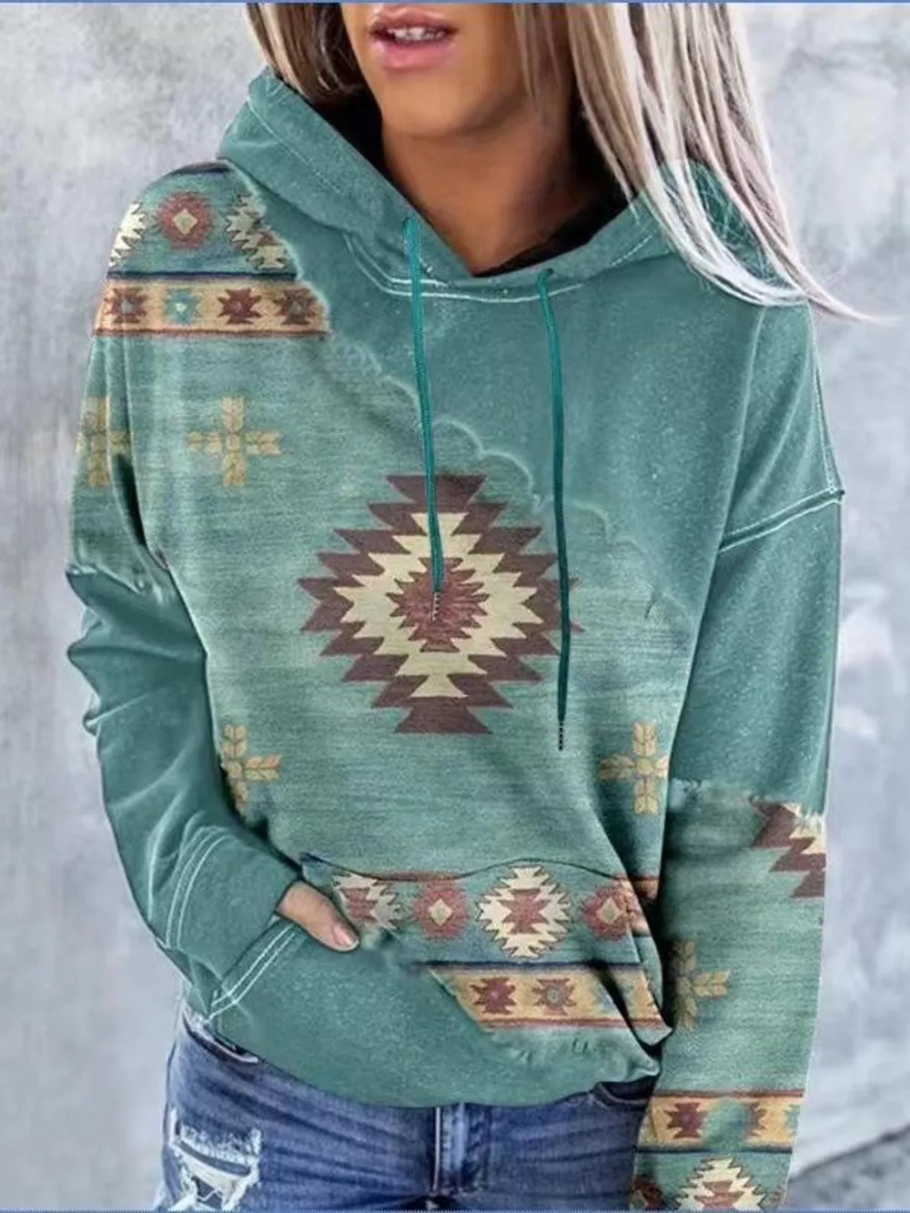 Full Size Aztec Print Hoodie with Kangaroo Pocket Plus Size, image 13