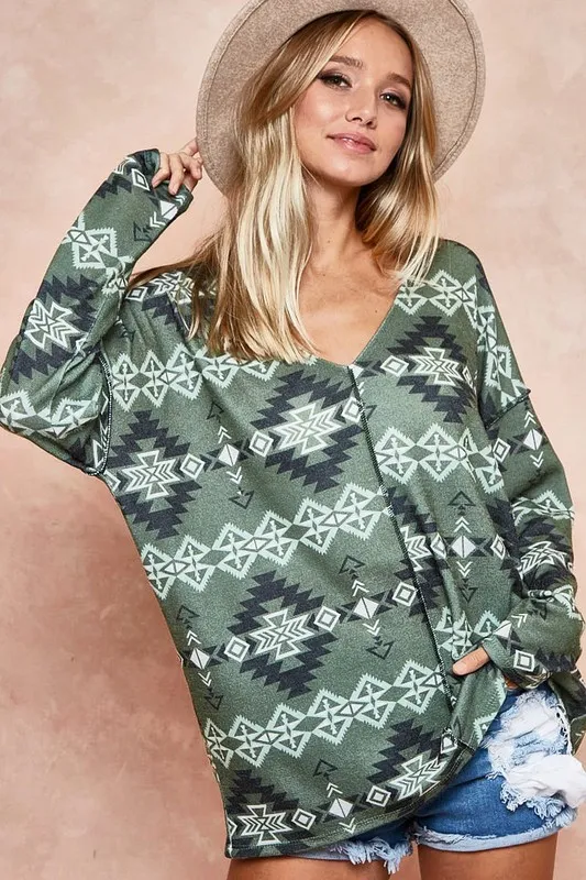 Aztec Print Brushed Out Stitching Detailed Top, image 4
