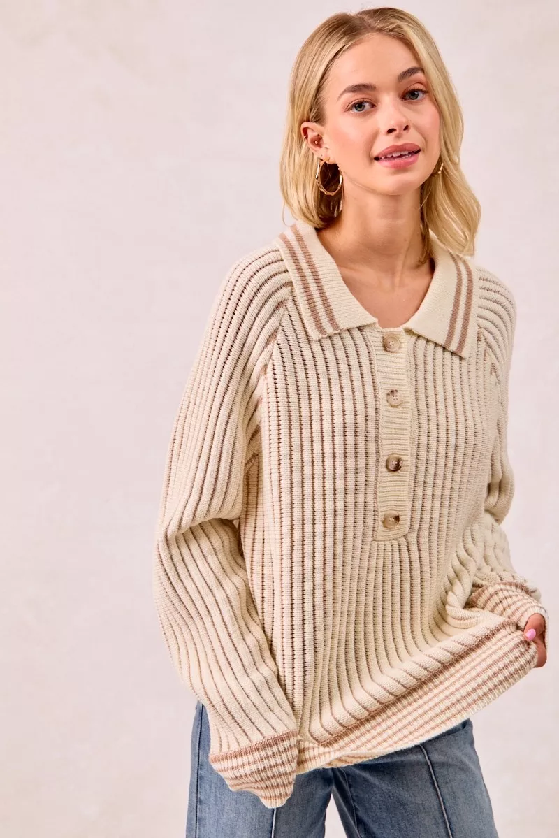 Half Button Ribbed Two Tone Sweater, image 8