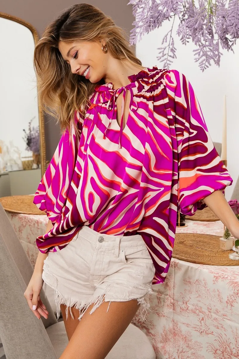 Tied Neck Half Balloon Sleeve Zebra Satin Top, image 6