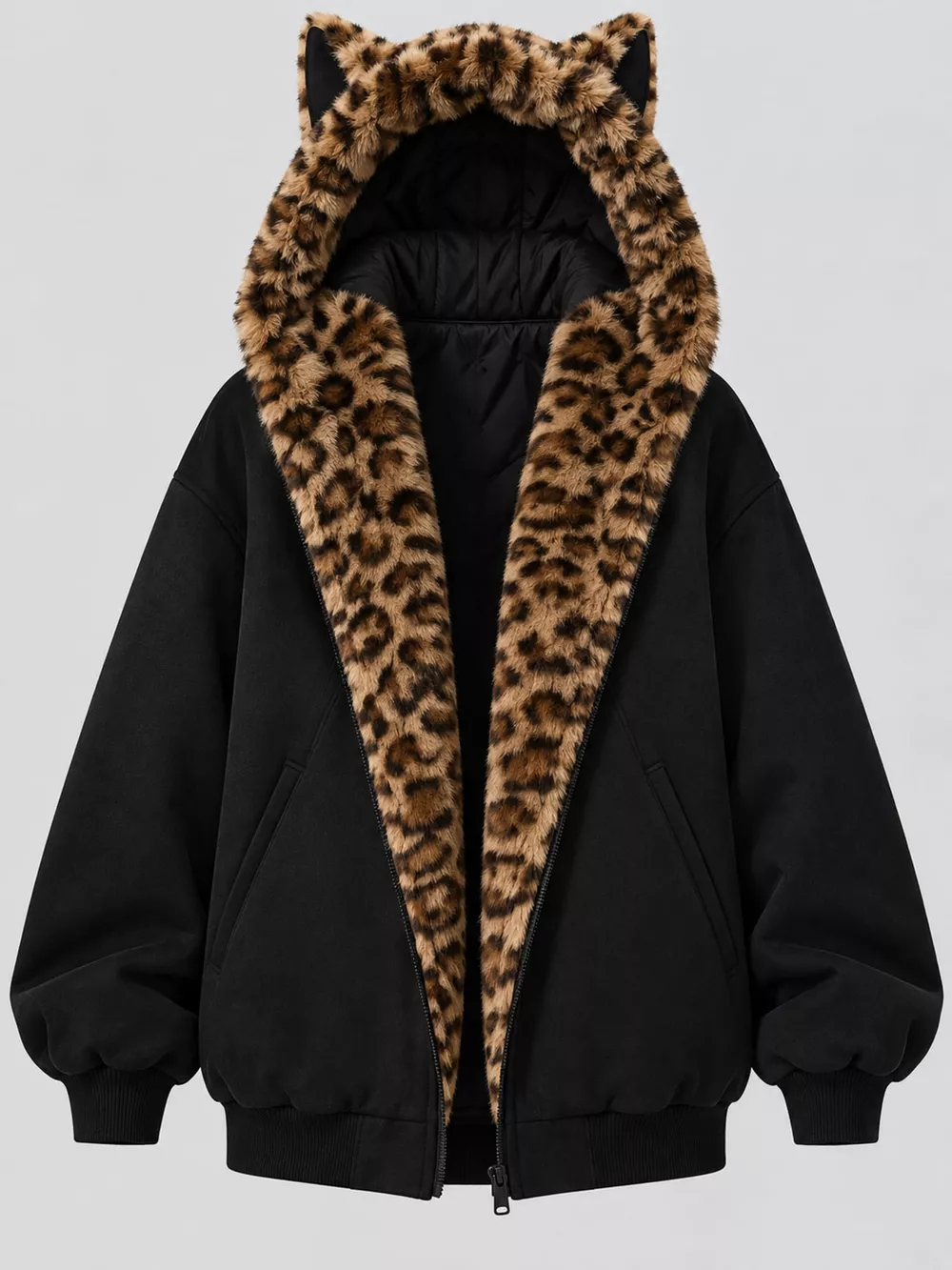 Leopard Faux Fur Lined Zip Up Jacket, image 7