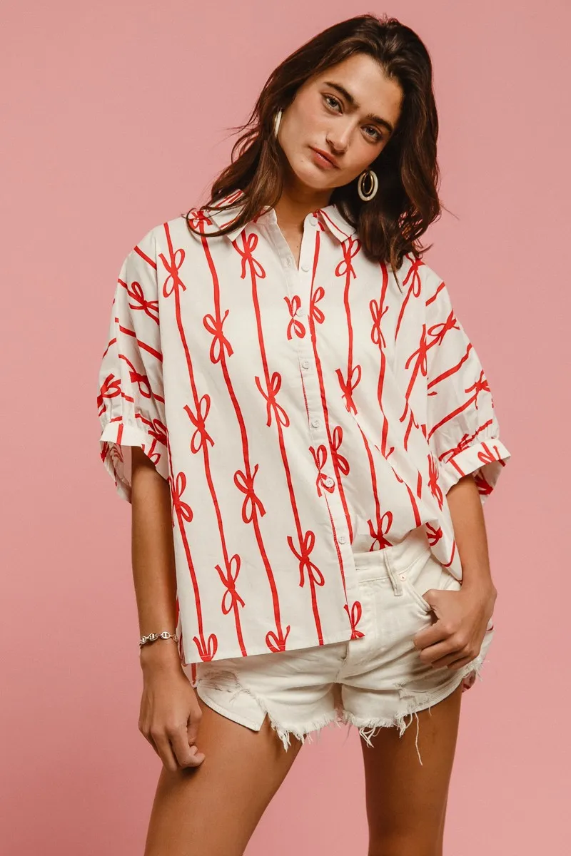 Bow Ribbon Woven Printed Button Down Shirt, image 10