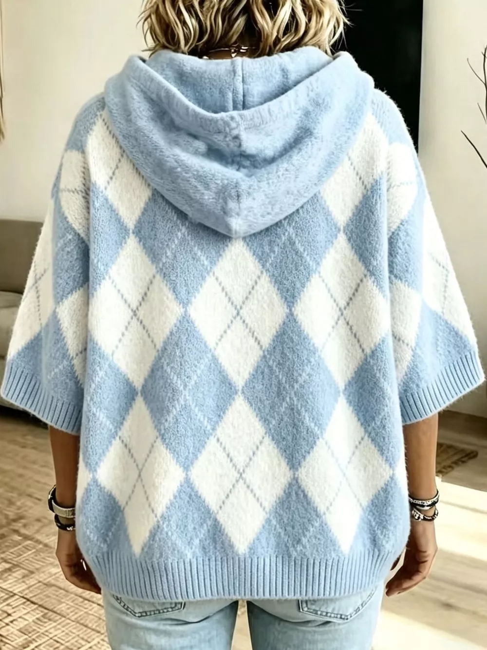 Full Size Argyle Pattern Hooded Sweater Plus Size, image 13