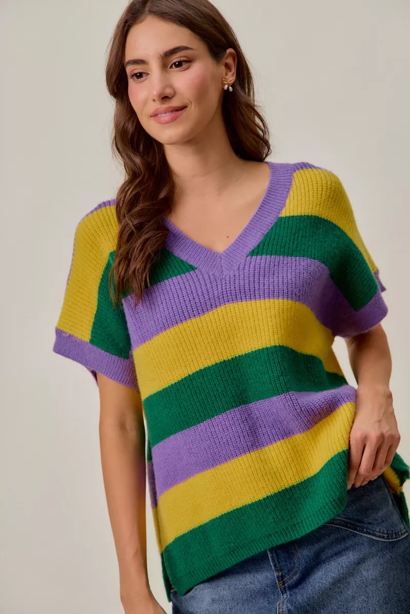Mardi Gras Loose Fit V Neck Stripe Sweater Top, image 2