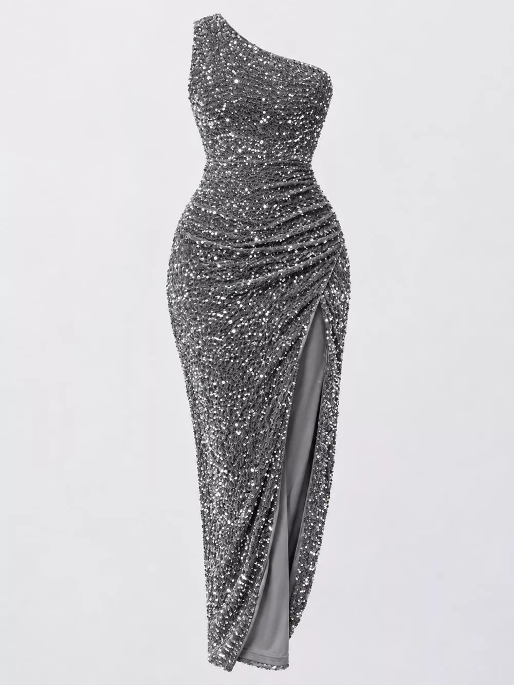 One-Shoulder Ruched Sequin High-Slit Evening Dress, image 4