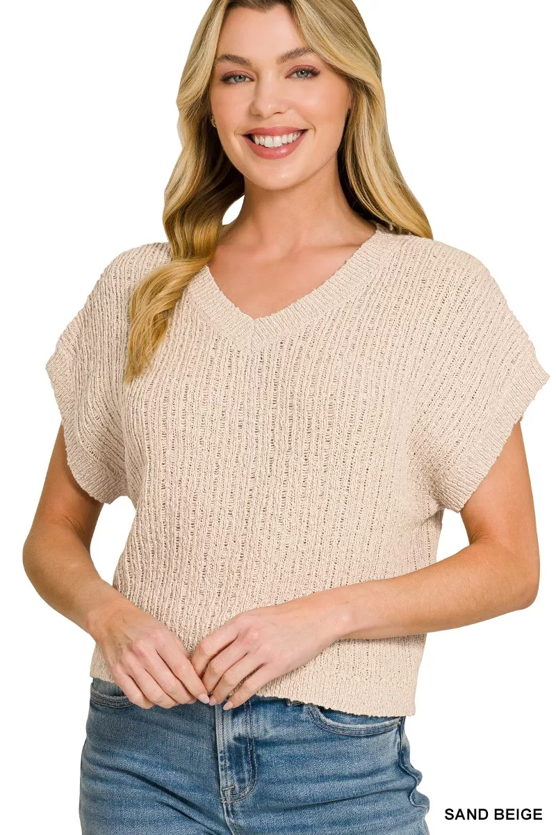 Textured Knit V-Neck Cropped Sweater, image 2