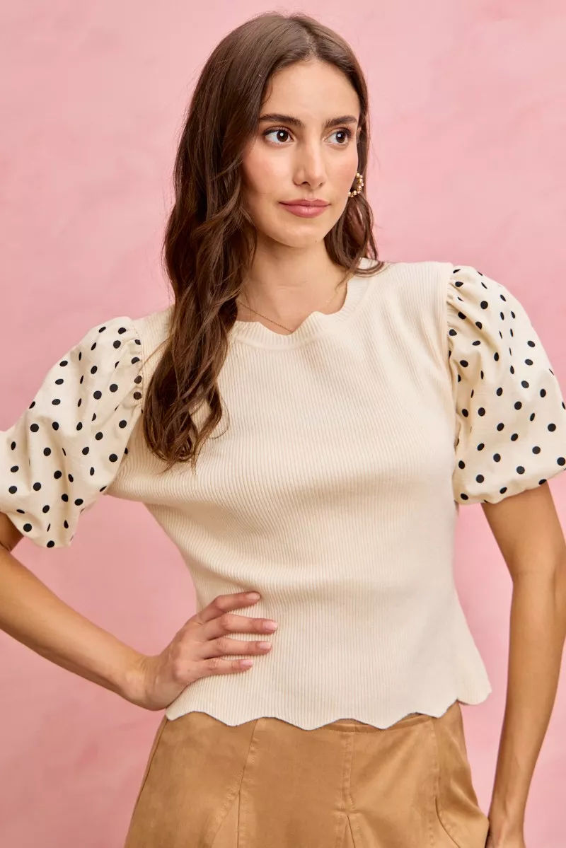 Polka Dot Contrast Woven Ballon Sleeve Blouse, image 8