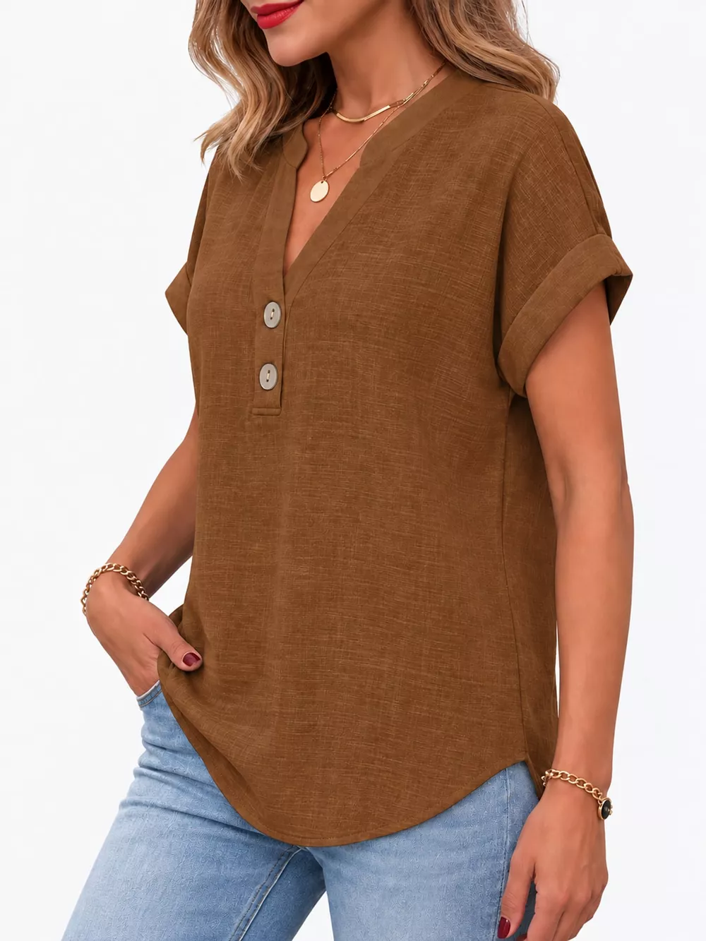 Full Size Button Detail Short Sleeve Blouse Plus Size, image 72