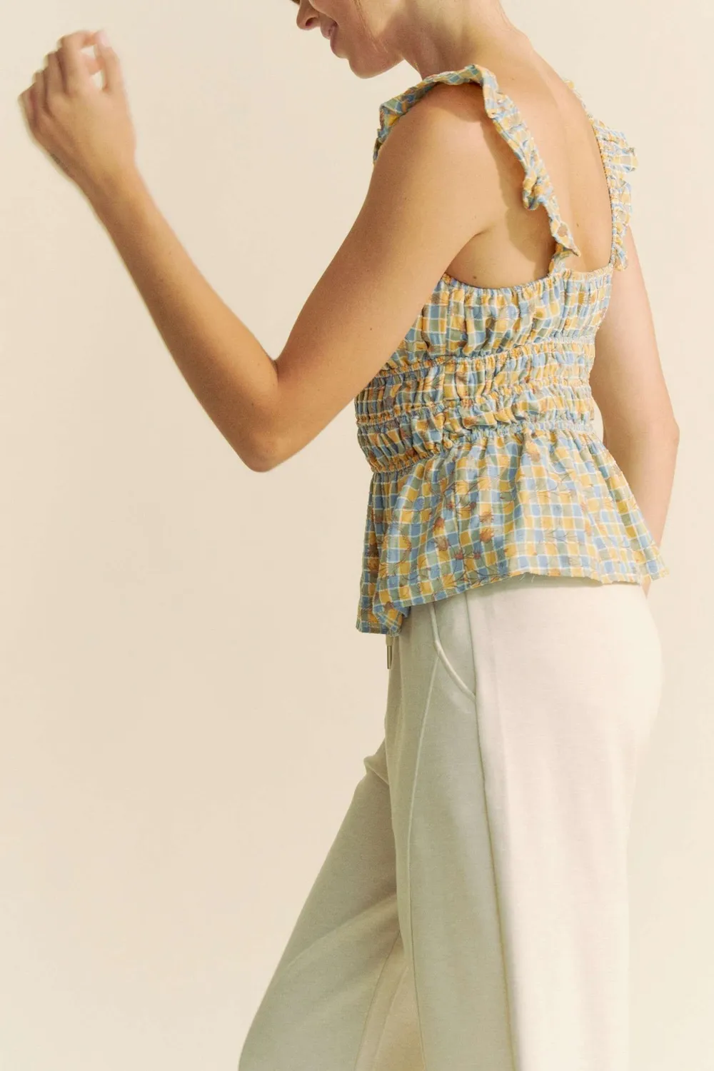 Plaid Ruffled Strap Smocked Sleeveless Top, image 6