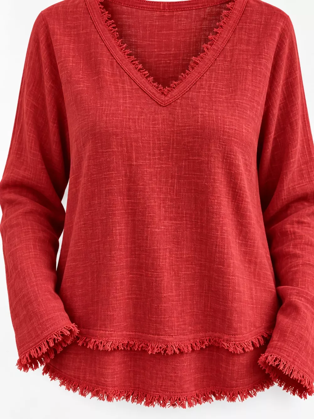 Full Size Frayed Hem V-Neck Long Sleeve Blouse Plus Size, image 25