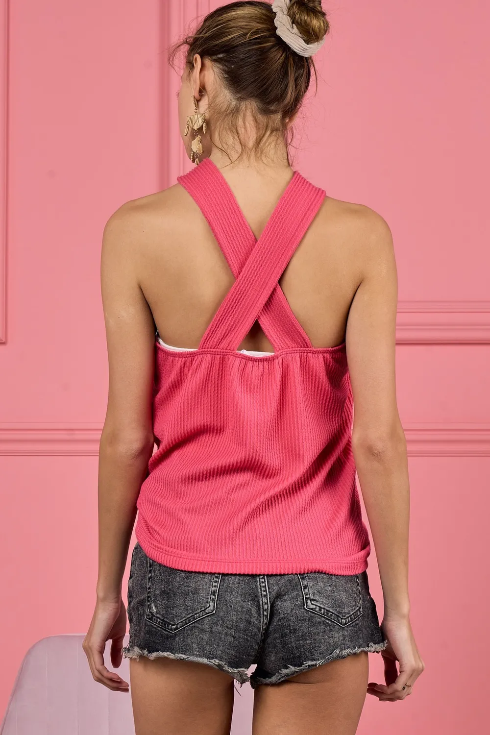 Lace Knit with Cut Out And Cross Neck Banded Top, image 12