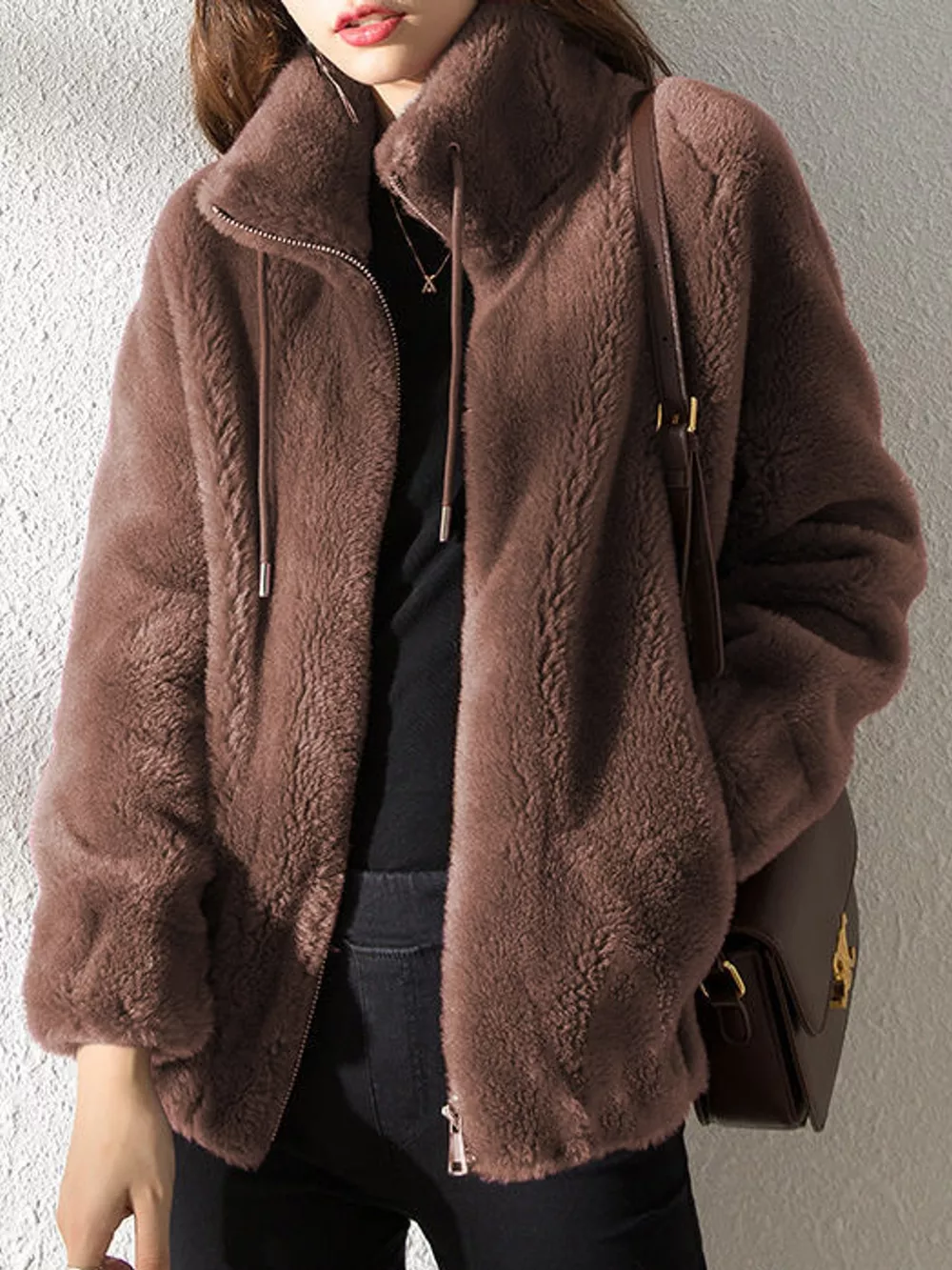 Full Size Drawstring Faux Fur Stand-Collar Zip-Up Outerwear Plus Size, image 6