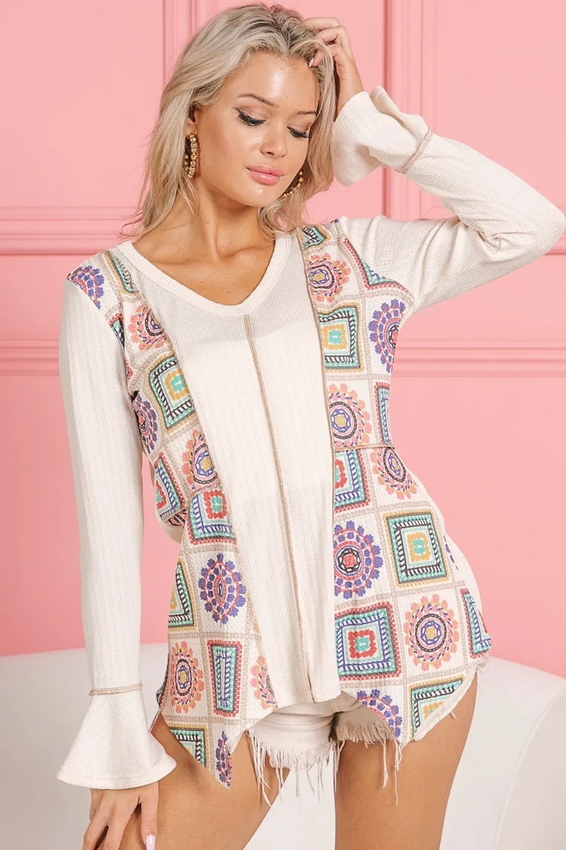 Granny Square Print Contrast Annie Rib V Neck Top, image 12