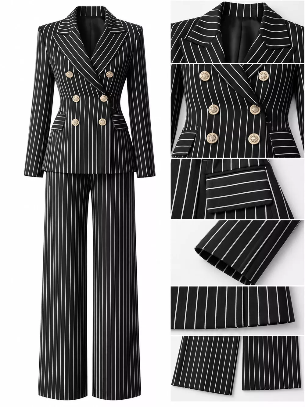 Double-Breasted Pinstripe Blazer and Wide-Leg Pants Set, image 11