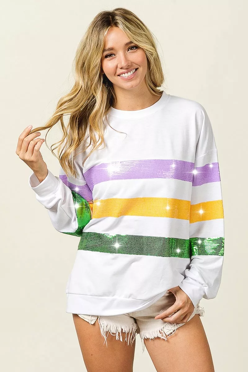 Sequin Mardi Gras Striped Round Neck Sweatshirt, image 9