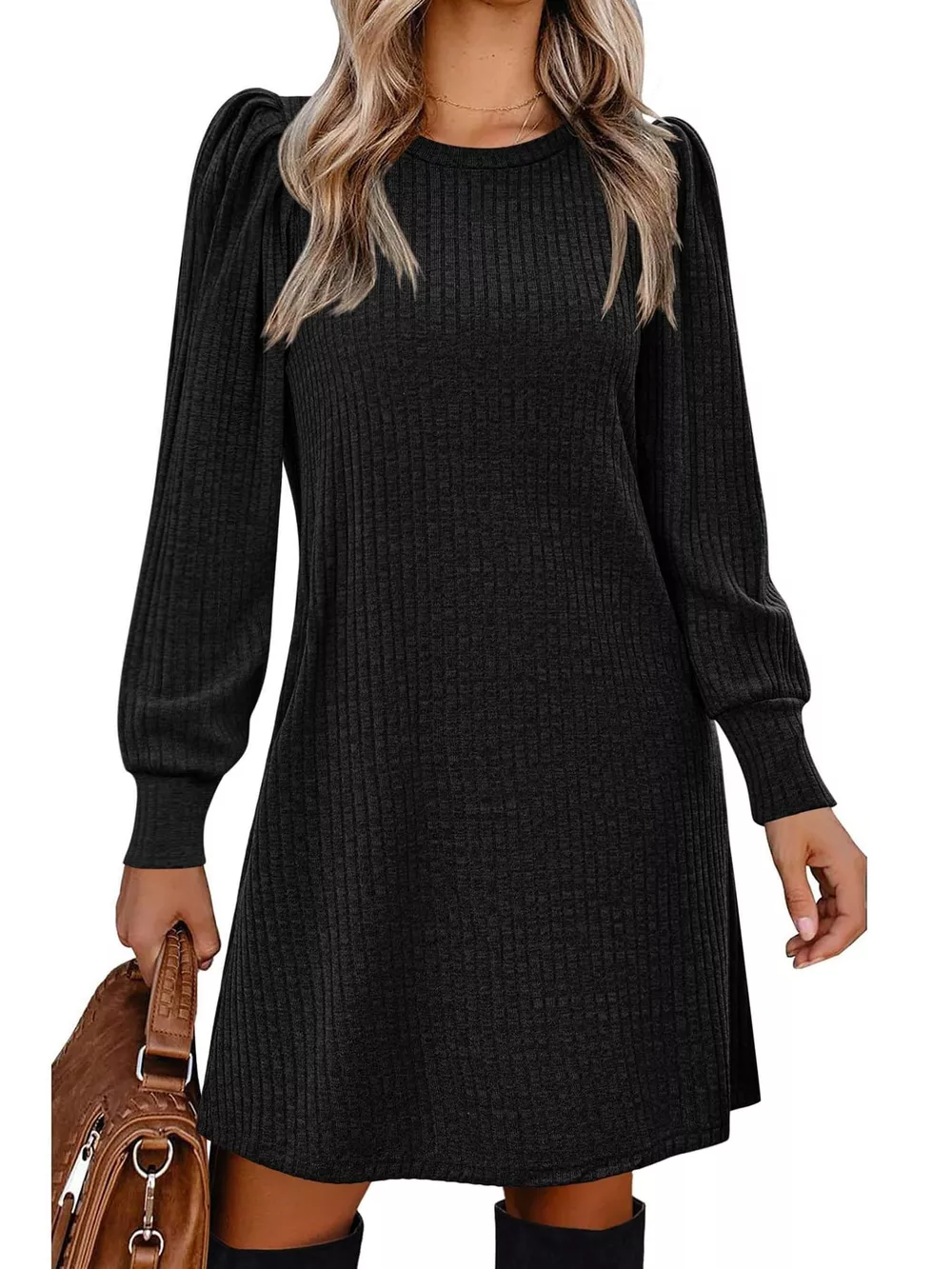 Puff Sleeve Ribbed Knit Dress with Pockets, image 7