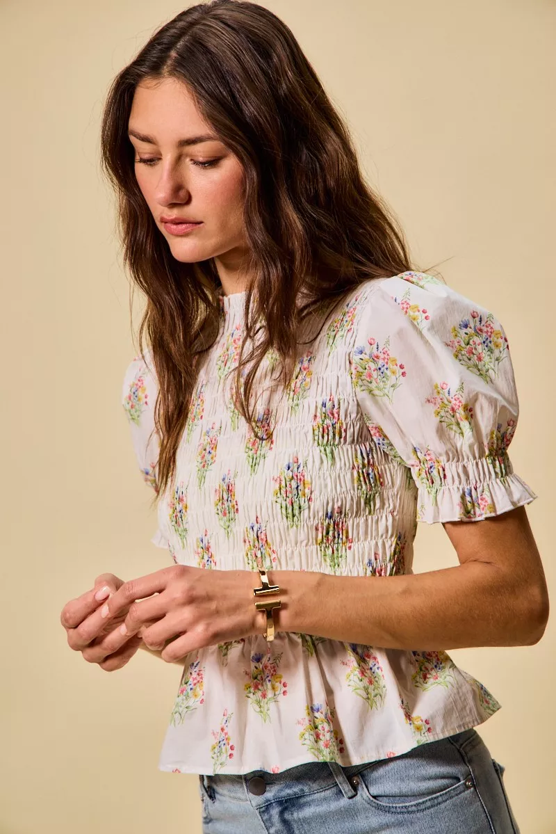 Floral Cotton Smocked Short Sleeves Blouse, image 10