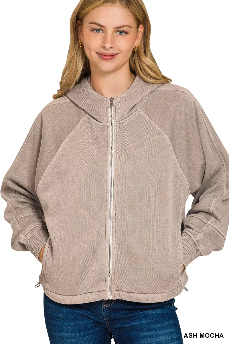 Fleece Pigment Dye Zip Up Hoodie with Pockets